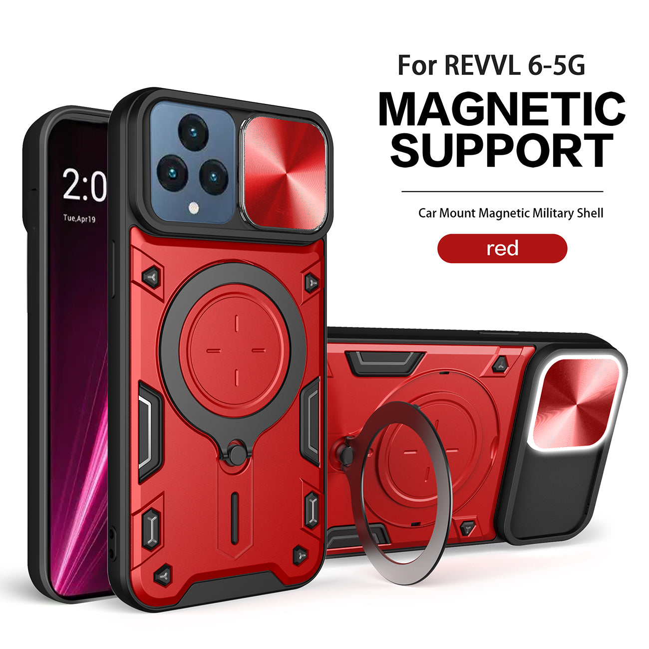 TPU PC Shockproof Magnetic Phone Case with Free Adjustment Ring Holder for REVVL 6 5G in Red